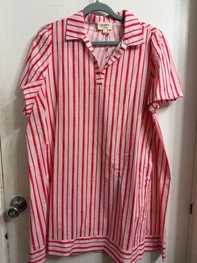 Umgee women’s dress tangerine & White Vertical Stripe with pockets.